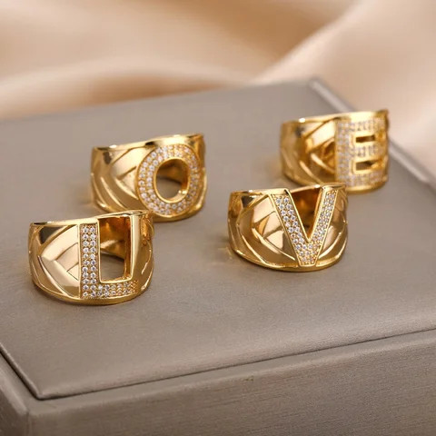 Versatile Fashion New Style Custom Inlaid Diamond 26 Letter Plated 18K Gold Copper Open Ring