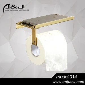 Wall Mounted Factory Product Stainless Steel 304 Gold Plated Toilet Paper Holder With Phone Shelf Bathroom Paper Holder