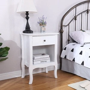 white solid wood curved legs nightstand side Table with two drawers