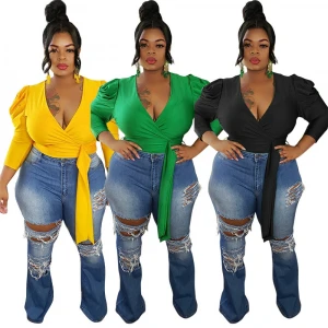 Wholesale 4XL Plus-size solid v-neck shirt with ribbon women tops shirts women tops blouse