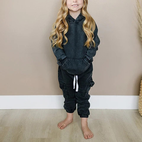 Wholesale Children Clothes Custom Kids Acid Washed Hoodie and Sweatpants Girls Clothing Sets