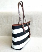 Wholesale dark blue stripe ladies handbag PU leather shoulder bag ladies fashion big shopping bag