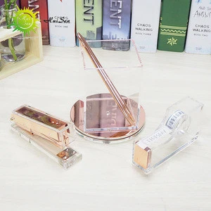wholesales new designer clear stapler office supply stationery set,acrylic rose gold stationery