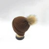 Winter new style caramel color rib knit women funny beanie knitted hat with fur pom pom