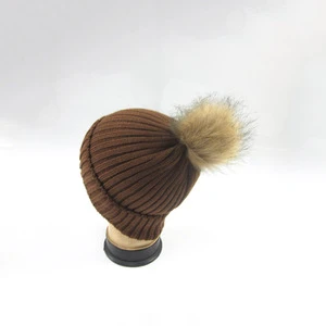 Winter new style caramel color rib knit women funny beanie knitted hat with fur pom pom