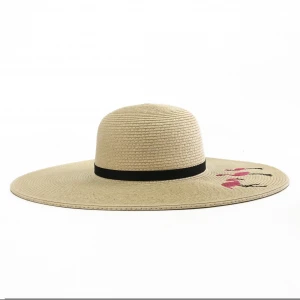 Women  Flamingo Embroidery Wide Brim Floopy Paper Straw Hat