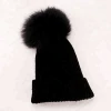 Women ladies rib knitted wool blended fashion winter hat with a large removable real genuine fox fur pom and turn cuff stock