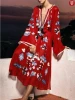 Womens Red Printing Dress Casual Ethnic Wind Vintage Beach Dress