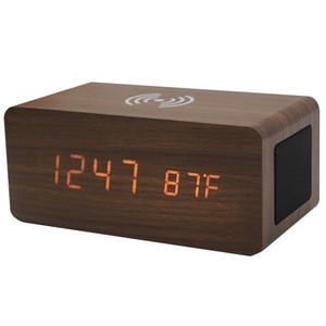 Wooden Digital Alarm Clock With bluetooth speaker charging