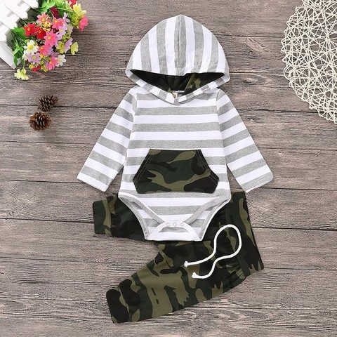 0-24M Baby Boy Clothes Set Newborn Striped Hooded Tops Romper Bodysuit Camouflage Long Pants 2PCS Boy Autumn Outfits Clothes