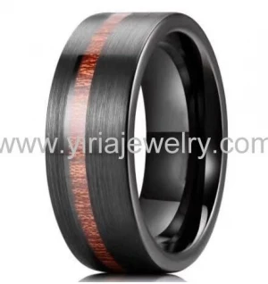 New design hot seller wood inlay black brush flat tungsten rings