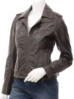 Ladies Chocolate Brown Biker Leather Jacket