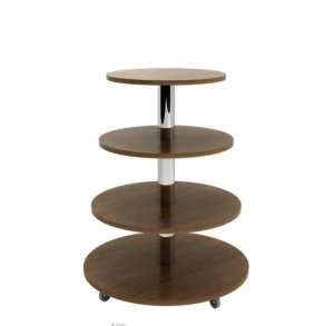 Round Wooden Retail Display Rack with Castors – 4 Layer Store Shelf Unit