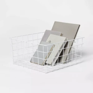 13" Rectangular White Steel Decorative Wire Storage Baskets