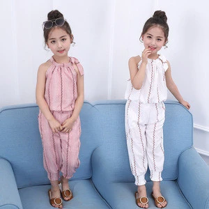 2018 newest fashion suit sweet girls summer children striped cotton linen two-piece childrens clothing sets