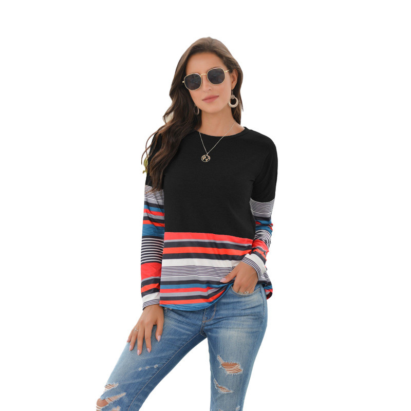 2020 Fall Hot Style European American Striped Printed Long-sleeve Round Neck Women Tops Blouses And T Shirts