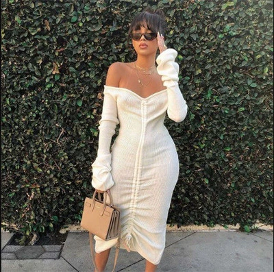 2020 Fashion Women Dresses Clothing Sexy Off The Shoulder Long Sleeve Maxi Evening Dresses Autumn Sweater Casual Dresses