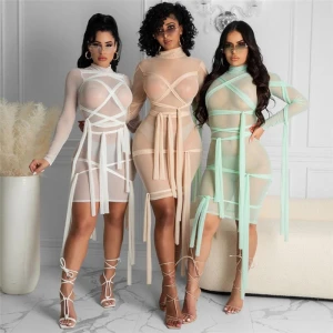 2021 Stylish Streetwear Bodycon Sexy See-Through Dress Women  Long Sleeve Mesh Party Club Patchwork Clothes