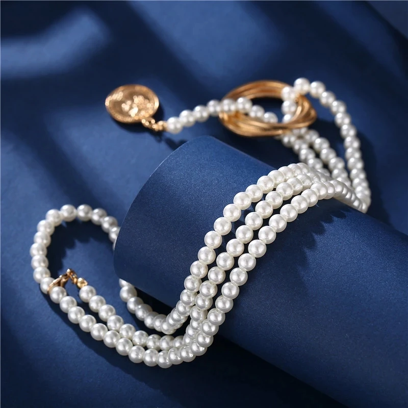 2021 Vintage Women Wedding Party Fashion Multi-layer Shell Knot Pearl Chain Cross Choker Necklace Jewelry