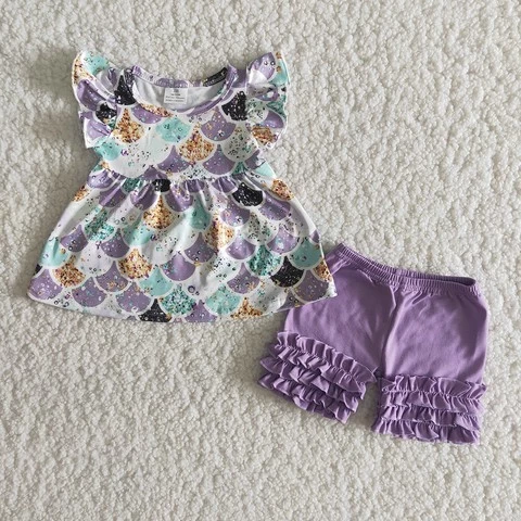 2021 Wholesale baby girls short sleeve outfits cheap price kids boutique clothing sets mermaid scale print clothes no moq