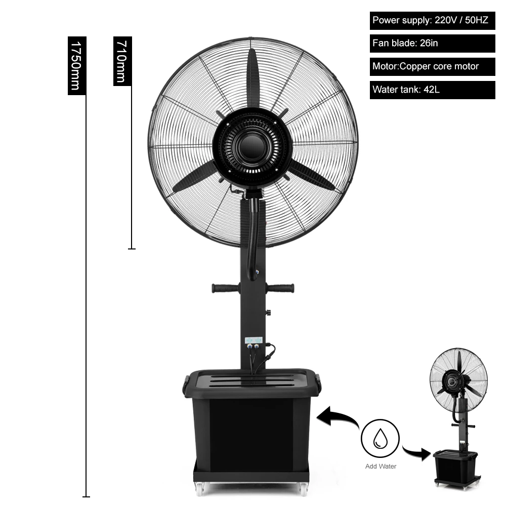 26 Inch Water Tank Stand Fan Outdoor Indoor Industrial Spray Fan Mist Fan