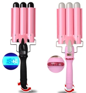 32mm Professional Magic Hair Curler PTC Heater and LCD Temperature Display Curling Iron Pink/Black Three Barrel Deep Waver