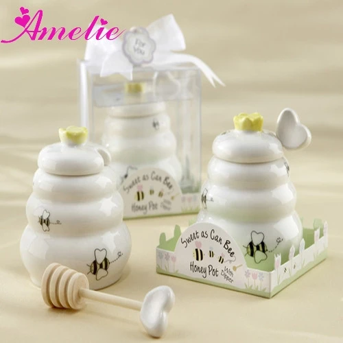 A08G67 &quot;Sweet As Can Bee&quot; Party Decoration Wedding Favors Wooden Dipper Ceramic Honey Pot