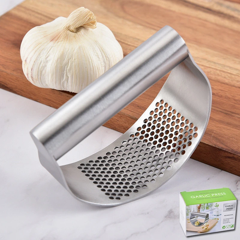 Amazon Hot Selling Kitchen Gadgets Multi-function Stainless Steel  Garlic Press Rocker With Silicone Peeler And Cleaning Brush