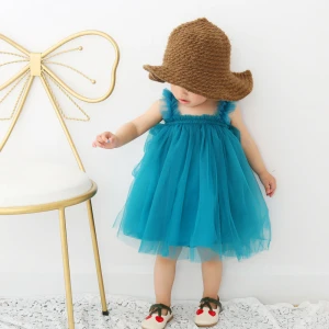 Baby Girl Spaghetti Straps Tulle Dresses Kids Girls Sleeveless Tube Top Party Dress Solid Color A-line Casual Summer Dress