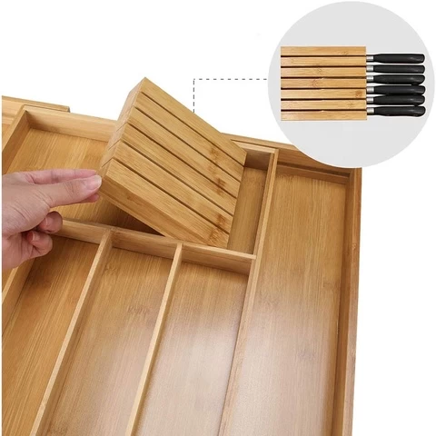 Bamboo Expandable Silverware Holder Drawer Organizer,Kitchen Cutlery And Utensil Tray Storage Drawers with Divider