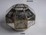 Brass and glass hurricane pillar candle Lantern with square patterns and antique silver glass