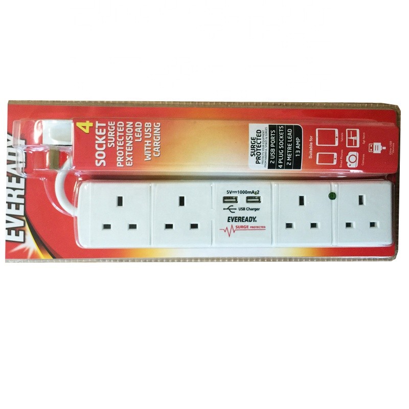 British 4 gang extension socket with USB surge protection
