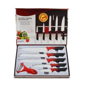 Ceramic coating blade stainless steel kitchen knife set soft grip handle 6 pieces color non stick knife set with color gift box