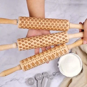 China Factory Wooden Laser Engraved Rolling Pin Christmas theme Reindeer Snowflake patterns Embossed Rolling Pins