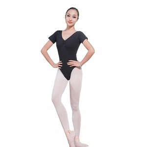 CL00130  Short Sleeve Pinched Front Black Ballet Leotard  Mid Back Ladies Dance Wear