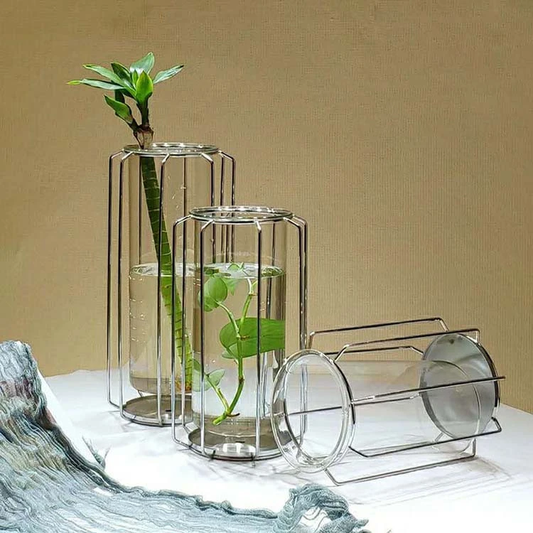 Clear Glass Mouth Blown Vase With Metal Stand / Hydroponic glass flower vase