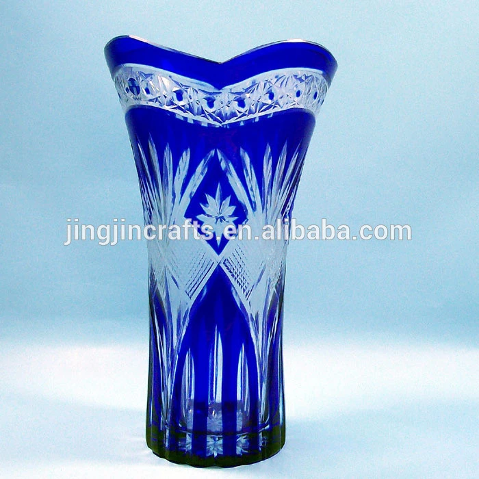 Cobalt blue Bohemian Czech hand cut to clear larger crystal glass vase flower vase