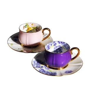 Concentrate 90ml coffee tea cups with Pink and Purple elegance flowers decal porcelain coffee tea cup and saucer