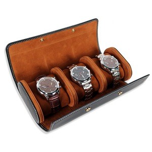Custom Luxury 3 slot  genuine leather Rounded watch storage case
