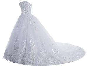 Dressystar Stunning white ball gown sweetheart rhinestone beaded sequins puffy tulle wedding dress with cathedral royal train