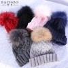 EACHOO Winter Warm Plain Beanie Hat Pattern With Raccoon Pom Knit Hat Raccoon Fur Pom Pom Beanie 100% woolen Animal Fur