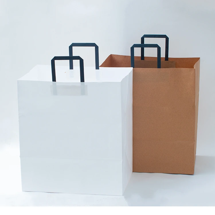 Eco-friendly Flat Handle Kraft Brown Take Away Paper Bag With Custom Logo
