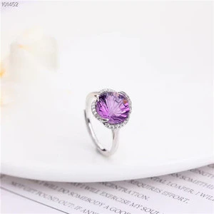 gemstone jewelry factory wholesale trendy S925 plated natural amethyst ring,earring and necklace pendant jewelry set for women