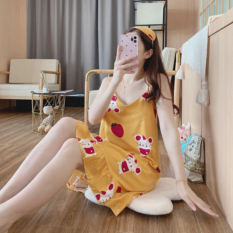 Girl Tops Skirts Summer Sling Nightgown Lovely Cartoon printing Sexy Sleepwear Milk Silk Pyjamas With Chest Pad Mini Nightdress