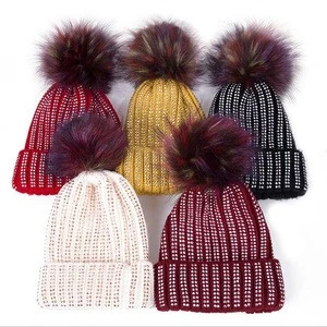 High quality Custom Knitting Womens Winter Hats With Removable Fur Pompoms