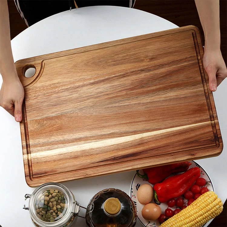 High Quality Rectangle Slotted Acacia Wood Home Kitchen Cutting Board with Holes and Juice Groove