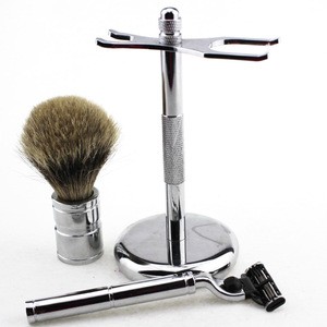 High quality shaving brush shave stand and 3 blade razor metal men shaving set for men shave