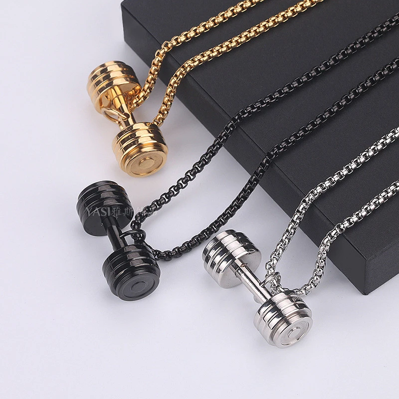 Hip Hop Jewelry Sports Fan Mens Womens Gift Barbell Exercise Charm Accessories Stainless Steel Gym Dumbbell Pendant Necklace