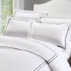 Indian Handmade 3pc Duvet Cover Set, 40s Cotton Sateen, Navy Blue Embroidered Lines, 250 Thread Count Percale, White Background
