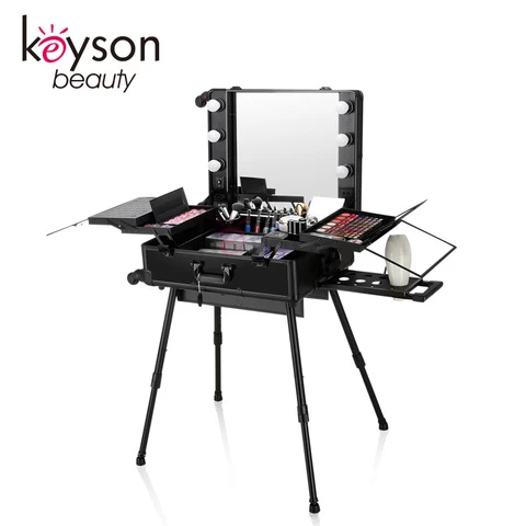 Keyson light up makeup case aluminum makeup vanity case makeup organizer with mirror and lights